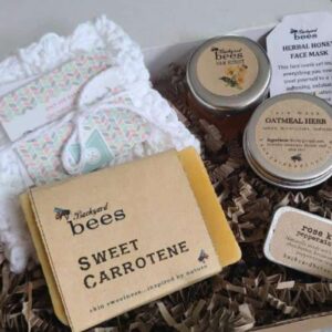 sensitive skin gift set with 2 soaps, honey facial mask set, lip balm, and washcloth