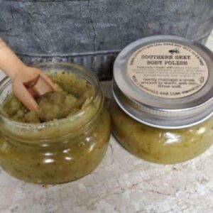 2 small mason jars of Southern Sexy body polish and salt scrub one is open