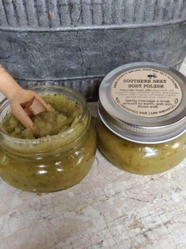 2 small mason jars of Southern Sexy body polish and salt scrub one is open