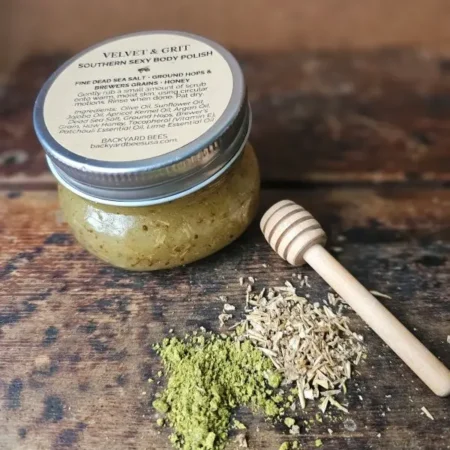 Ground hops and brewers grains used in Southern Sexy body polish for gentle exfoliation