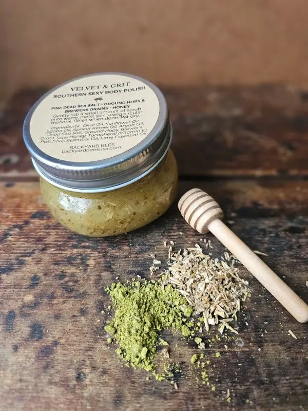 Ground hops and brewers grains used in Southern Sexy body polish for gentle exfoliation