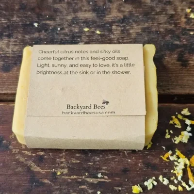 Back label of Sunshine and Silk handmade soap