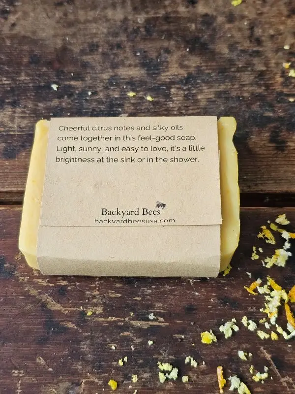 Back label of Sunshine and Silk handmade soap
