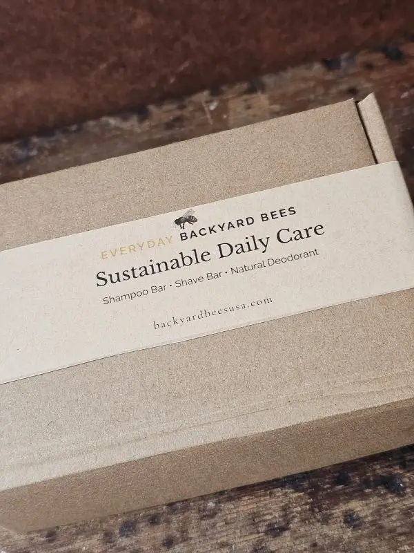 Sustainable Daily Care kraft box packaging with Everyday Backyard Bees label