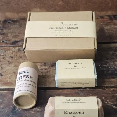 Everyday Backyard Bees Sustainable Daily Care set with solid shampoo bar, shave bar, and natural deodorant