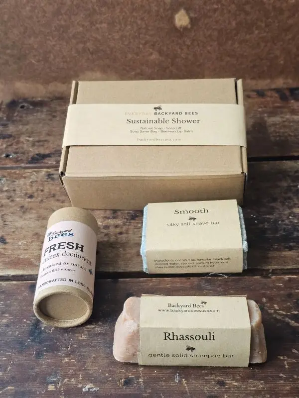 Everyday Backyard Bees Sustainable Daily Care set with solid shampoo bar, shave bar, and natural deodorant