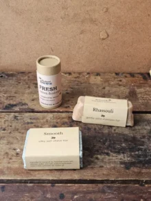 Sustainable Daily Care Set by Everyday Backyard Bees featuring Rhassouli shampoo bar, SMOOTH shave bar, and FRESH natural deodorant
