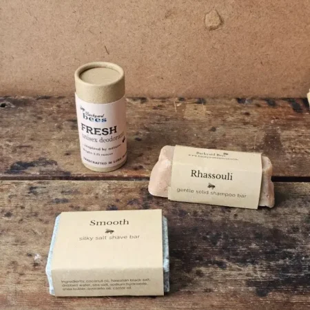 Sustainable Daily Care Trio Sustainable Daily Care Set by Everyday Backyard Bees featuring Rhassouli shampoo bar, SMOOTH shave bar, and FRESH natural deodorant