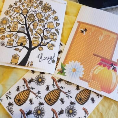 3 bee-themed Swedish dish cloths