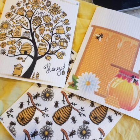 3 bee-themed Swedish dish cloths