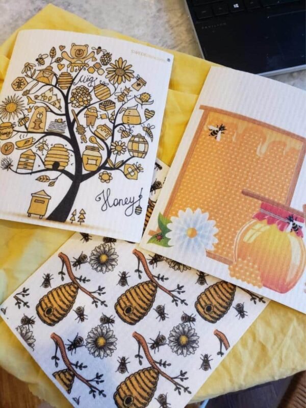 Swede Dish Cloths 3 bee-themed Swedish dish cloths