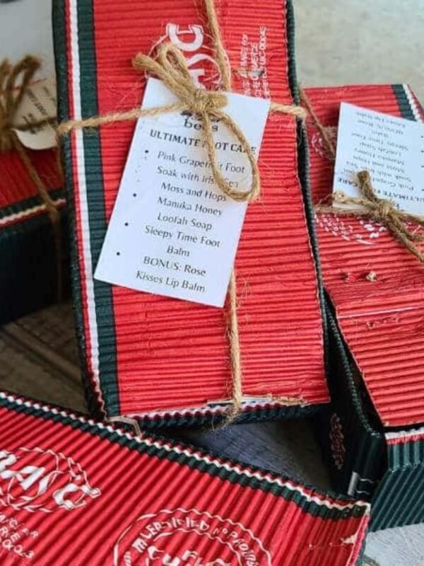Ultimate Foot Care Box red upcycled gift boxes with ultimate foot care set inside