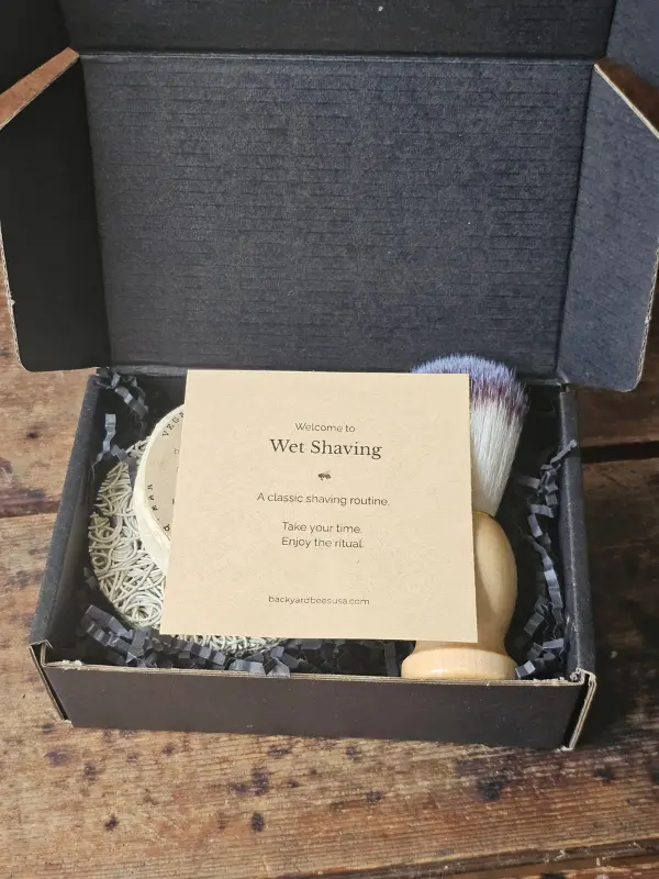 Backyard Bees beginners wet shave set with instruction guide