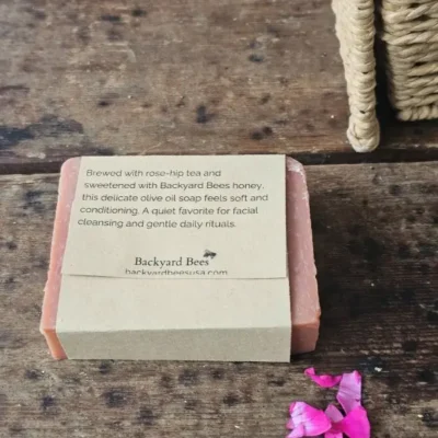 Back label of Wild Rose and Honey handmade face soap