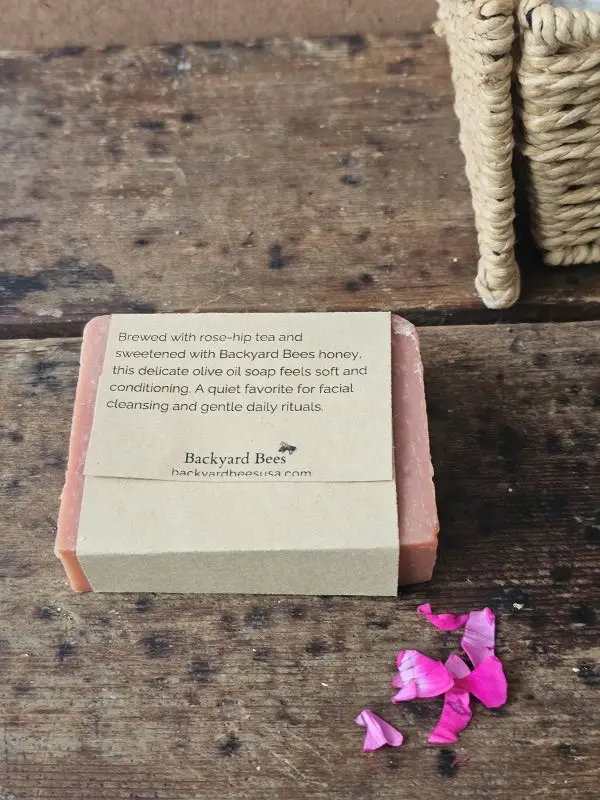 Back label of Wild Rose and Honey handmade face soap