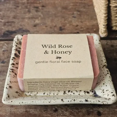 Wild Rose Soap Dish Wild Rose and Honey gentle floral face soap on ceramic dish
