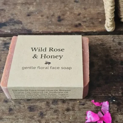 Wild Rose and Honey soap styled with rose petals