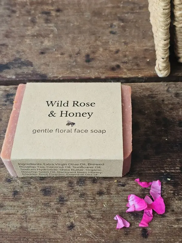 Wild Rose and Honey soap styled with rose petals