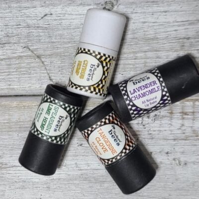 4 Backyard Bees beeswax lip balms to personalize sustainable shower set