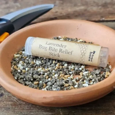 Lavender bug bite relief stick made with beeswax and lavender infused oils to soothe itchy bug bites.
