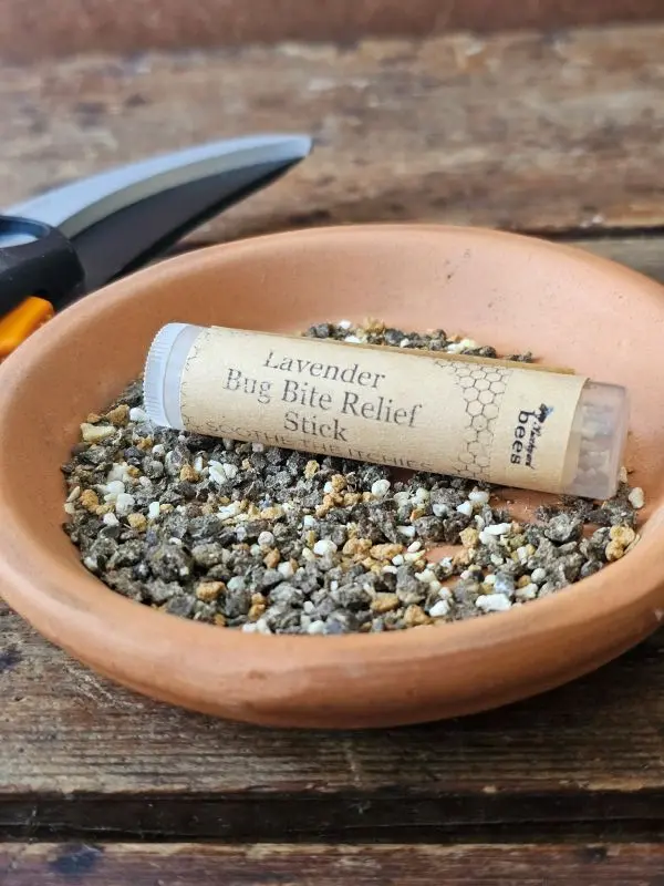Lavender bug bite relief stick made with beeswax and lavender infused oils to soothe itchy bug bites.