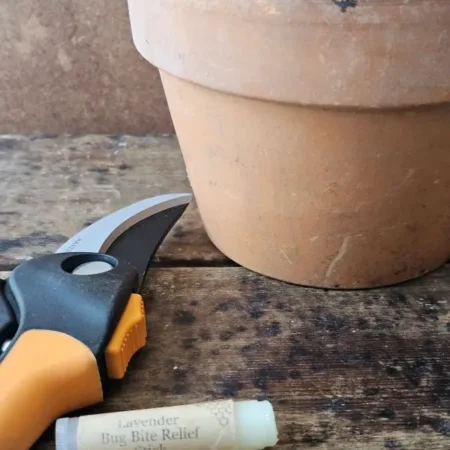 Lavender bug bite relief stick near gardening tools, a natural solution for itchy mosquito bites.