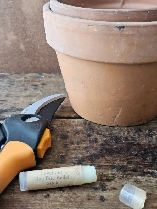 Bug Bite Stick In Use Lavender bug bite relief stick near gardening tools, a natural solution for itchy mosquito bites.