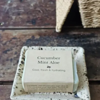 Cucumber Mint Aloe Soap styled with rustic texture