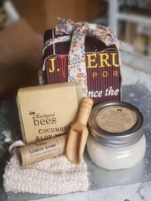 Green boxed gift for gardeners with scrub, soap, lip balm and sisal soap bag