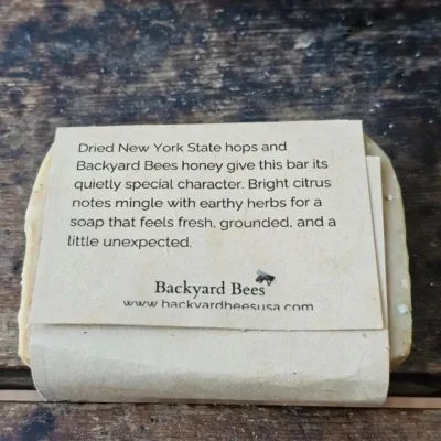 Back label of honey soap by Backyard Bees
