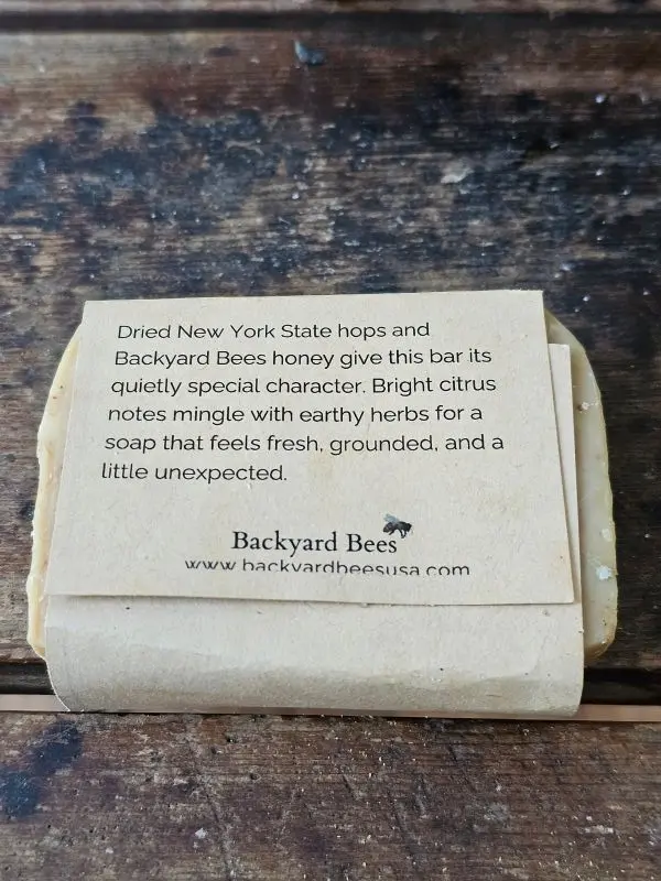 Back label of honey soap by Backyard Bees