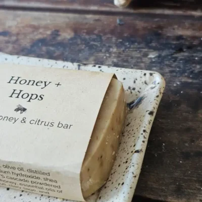 Close up side view of Honey & Hops natural soap