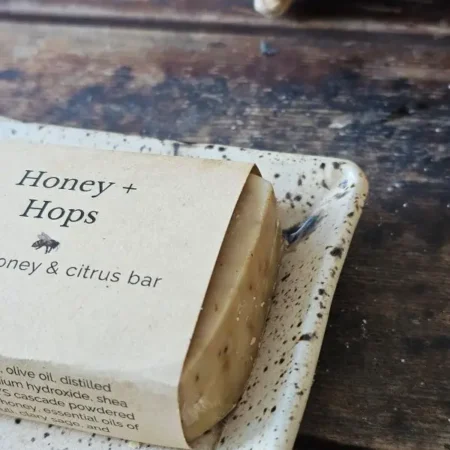 Close up side view of Honey & Hops natural soap