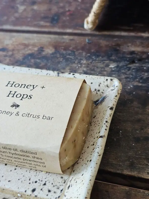 Close up side view of Honey & Hops natural soap
