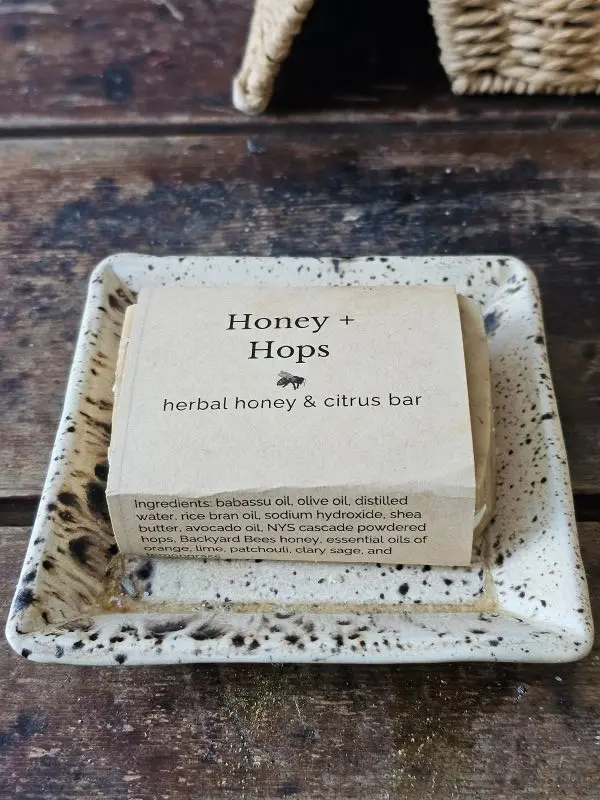 A artisan honey soap, Honey & Hops Soap on soap dish