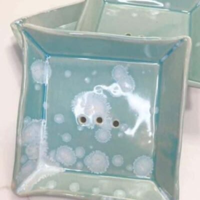 Handmade ceramic soap dish by Sunrise Pottery in glossy celadon finish