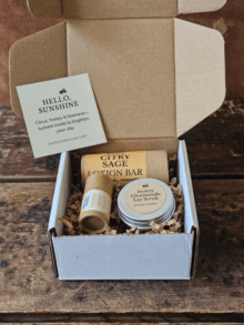 Open Sunshine Skin Care Set with lotion bar, lip balm and honey lip scrub nestled in kraft shred