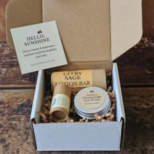 Open Sunshine Skin Care Set with lotion bar, lip balm and honey lip scrub nestled in kraft shred