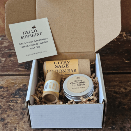 Open Sunshine Skin Care Set with lotion bar, lip balm and honey lip scrub nestled in kraft shred