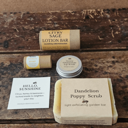 Sunshine Skin Care Set with Dandelion Poppy soap, Citry Sage lotion bar, Citrus Hemp lip balm and Honey Chamomile lip scrub