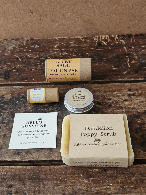 Sunshine Skin Care Set with Dandelion Poppy soap, Citry Sage lotion bar, Citrus Hemp lip balm and Honey Chamomile lip scrub