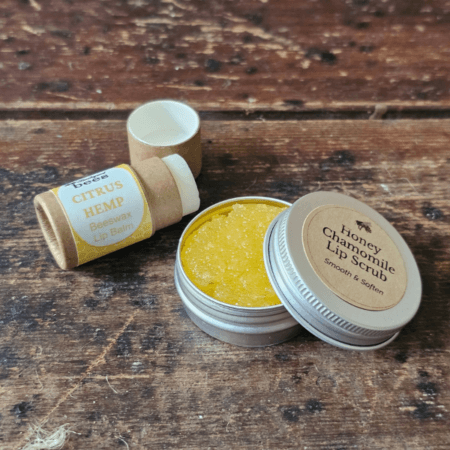 Open Honey Chamomile lip scrub with Citrus Hemp beeswax lip balm