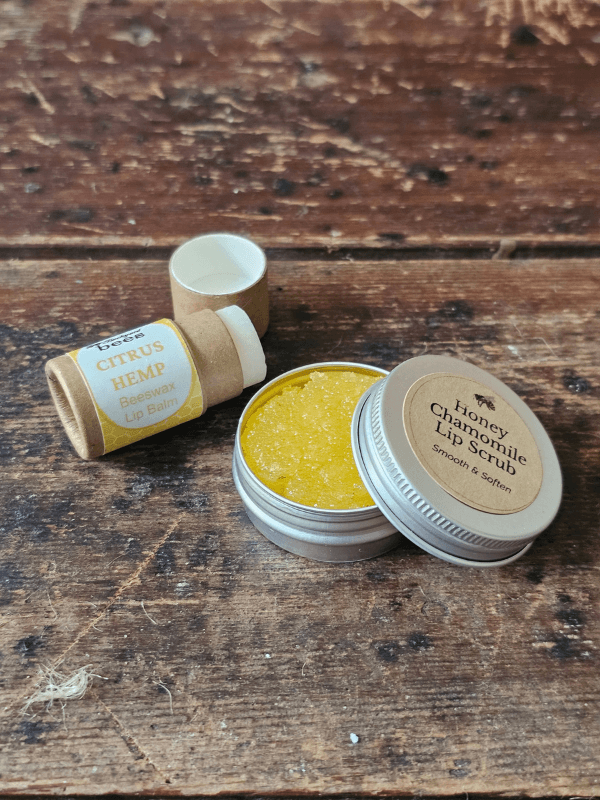 Open Honey Chamomile lip scrub with Citrus Hemp beeswax lip balm