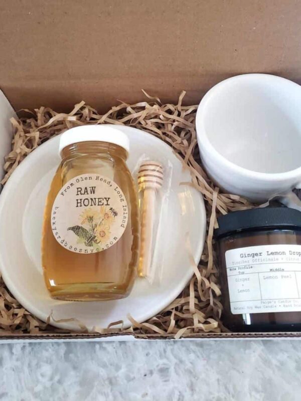 Thinking of You gift set with tea cup set, Backyard Bees raw honey, and Ginger Lemon candle