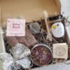 tea and honey gift box with honey, tea, and biscotti