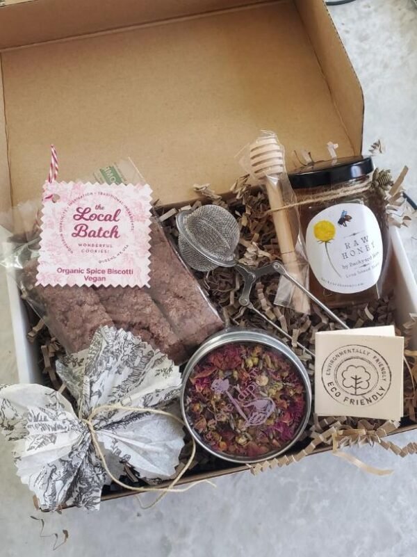 tea and honey gift box with honey, tea, and biscotti