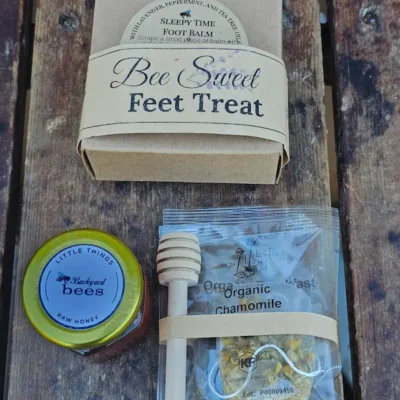 Feet Up Gift Set contents including foot balm, soap, tea and honey