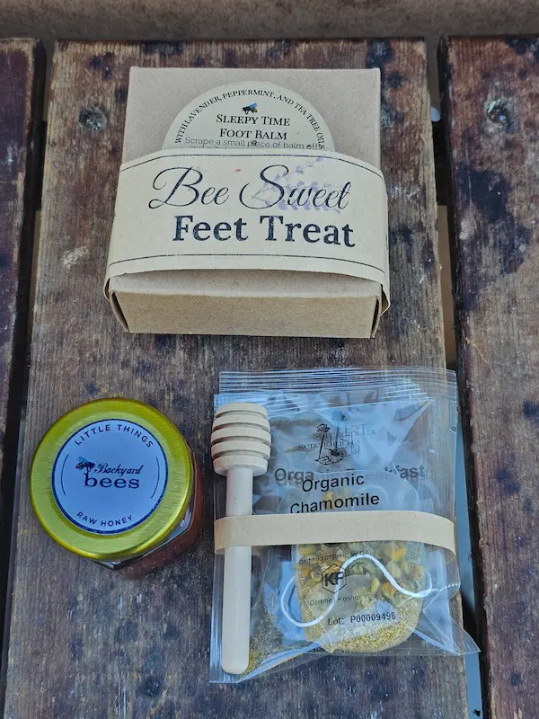 Feet Up Gift Set contents including foot balm, soap, tea and honey