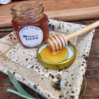 Raw honey and wooden dipper from the ritual set, ready to sweeten tea or the bath.