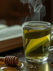 Clear mug of poached pear green tea with honey drizzle stick and book